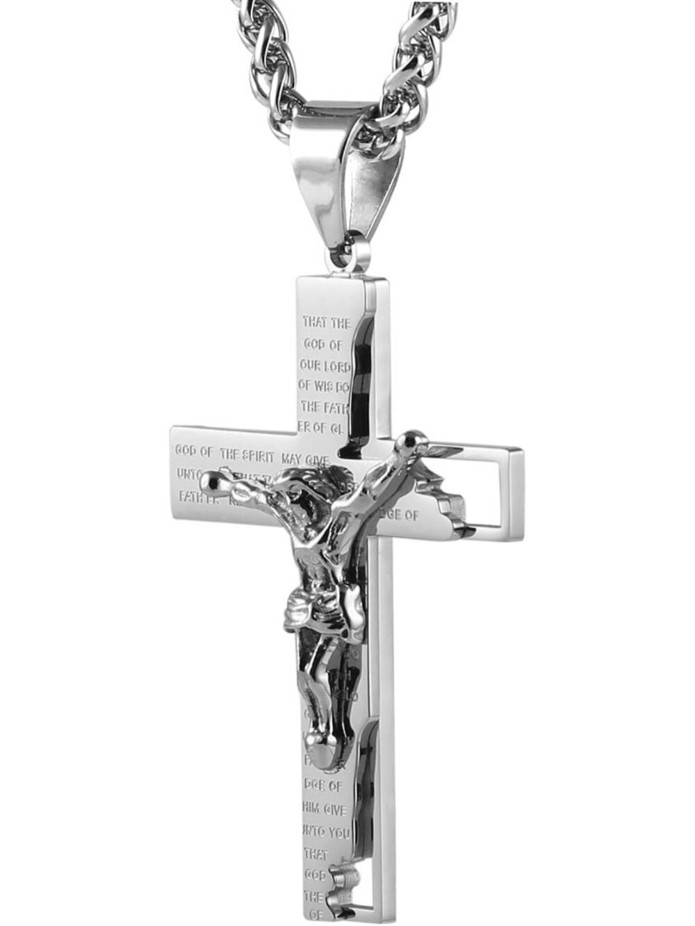 Men's Silver Stainless Steel Cross Crucifix Bible Prayer Pendant Necklace Chain